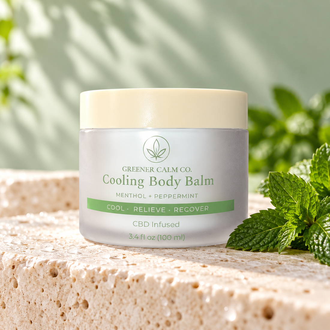 Greener Calm Co. Cooling Body Balm with menthol and peppermint displayed beside fresh mint leaves.
